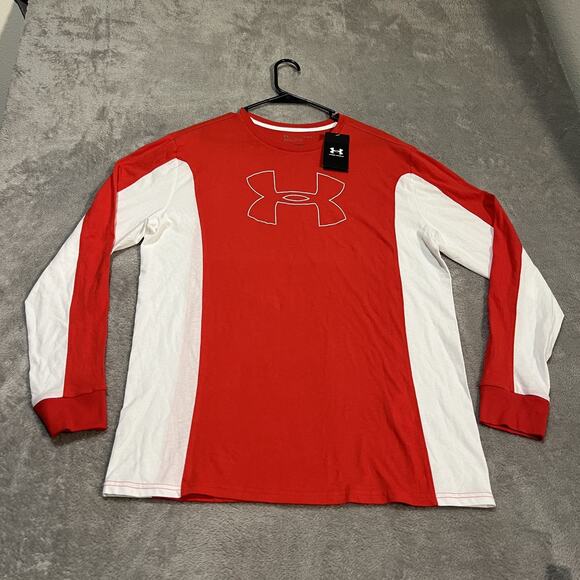 Under Armour Shirt Mens Large Red White Long Sleeve Logo Athletic UM8655 FW21 - Picture 1 of 7